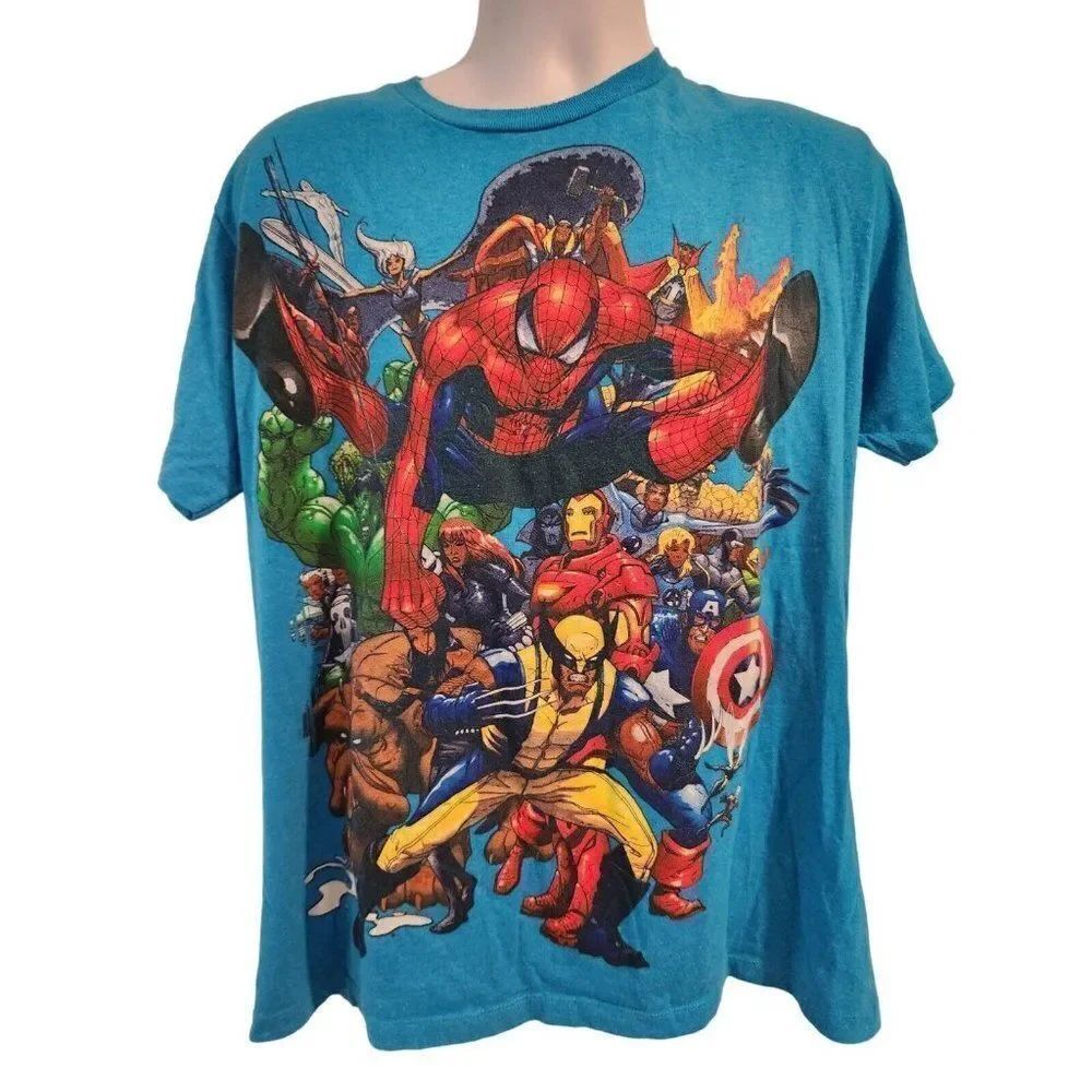 Vintage Y2K Mens Mad Engine Marvel Universe Avengers Blue Graphic TShirt L
